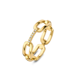 Yellow gold-plated chain link ring with a row of five clear, round, faceted stones set into one of the links.