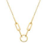 Yellow gold-plated necklace with delicate chain, elongated paperclip links, and a circular pendant featuring five small clear