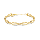 Yellow gold-plated chain-link bracelet with elongated rectangular links, some featuring rows of small clear stones.