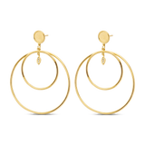 Pair of yellow gold plated double hoop earrings with a textured circular stud and a small marquise-shaped charm with stones.