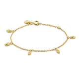 Yellow gold-plated delicate chain bracelet with six marquise-shaped charms, each featuring a textured surface.