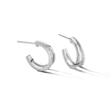 Pair of silver-toned C-hoop earrings. Each features two intertwined bands, one plain and one encrusted with clear stones.