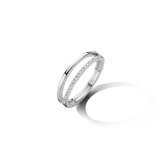 Silver-toned duo ring with one plain band and one band featuring a row of clear, sparkling stones.
