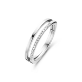 White plated duo ring featuring a polished band and a second band embellished with a row of clear, round stones.