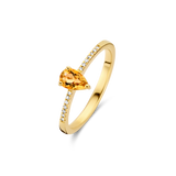 Yellow gold-plated ring with a pear-shaped amber-coloured stone and pavé-set clear stones along the band.