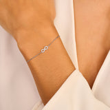 White-plated chain bracelet featuring a central infinity symbol charm encrusted with small, clear stones.