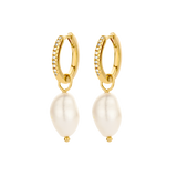 Pair of yellow gold-plated hoop earrings with a row of clear stones and dangling white baroque pearls.