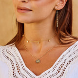 Layered gold-toned necklaces: a choker with clear teardrop charms and a longer beaded chain with an oval sunburst eye medalli