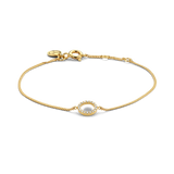 Yellow gold plated bracelet with a fine chain and a central pavé-set circular charm, secured with a lobster clasp.