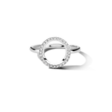 Silver-toned ring with a thin band and a top design featuring an open circle encrusted with clear sparkling stones.