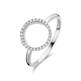 White plated ring with a slender band and an open circular top element, embellished with small, clear, faceted stones.
