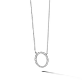 Silver-toned curb chain necklace with an oval pendant encrusted with clear, round stones on its front surface.