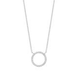 Silver-toned fine curb chain necklace with a circular pendant fully encrusted with small, clear stones.