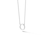 Silver-toned necklace with a fine chain and an open circular pendant. One segment of the circle is adorned with small clear s
