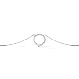 Silver-toned necklace with a thin chain and a circular pendant. One arc of the open circle pendant is adorned with clear ston