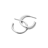 Pair of silver-toned C-hoop earrings. Each hoop has sparkling stones along its outer edge and a smooth inner edge, with a pos