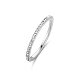 White plated slender band ring with a row of clear, brilliant-cut stones set along its upper half.