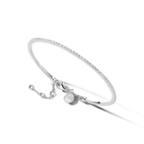 Silver-toned bangle with clear stones on the top half, a smooth bottom, and an adjustable chain with a logo charm.