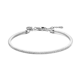 White plated bangle bracelet with a row of clear, round-cut stones along the front, featuring a lobster clasp and extender ch