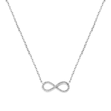 White plated infinity symbol necklace with clear stone embellishments on a delicate silver-toned chain.