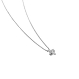 Silver-toned curb chain necklace with a small four-petal flower pendant, each petal adorned with tiny clear stones.