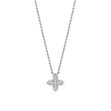 White plated twisted chain necklace with a four-petal flower pendant embellished with clear, sparkling stones.