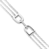Silver-toned bracelet with two D-shaped arch links connected by a pavé-set stone bar, each link has three delicate chains.