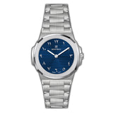 Silver-toned MONTEVA gents watch with an octagonal bezel, a blue horizontally striped dial, and white Arabic numerals.