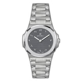 Silver-toned MONTEVA Gents slim watch with a dark grey textured dial, octagonal bezel, and Eastern Arabic numerals.