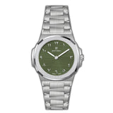 Silver-toned MONTEVA watch with an octagonal bezel, integrated bracelet, and a green dial with horizontal texture and Eastern