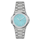 MONTEVA Gents slim watch with a silver-toned metal case and bracelet, featuring a light blue horizontally striped dial with A