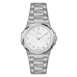 Silver-toned MONTEVA Gents watch with an octagonal bezel, brushed metal bracelet, and white dial with Arabic numerals.