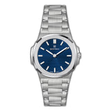 MONTEVA gents slim watch with a silver-toned integrated metal bracelet and an octagonal bezel, featuring a blue horizontally