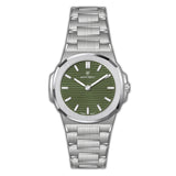 MONTEVA gents slim watch with a silver-toned octagonal case, silver-toned integrated bracelet, and an olive green horizontall