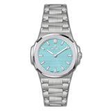 MONTEVA Gents slim watch with a silver-toned integrated stainless steel bracelet and a light blue horizontally grooved dial.