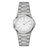 Silver-toned MONTEVA Gents watch with an octagonal bezel, white horizontally striped dial, and integrated metal bracelet