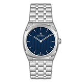 MONTEVA gents watch with a silver-toned stainless steel case and bracelet, featuring a deep blue vertically brushed dial.
