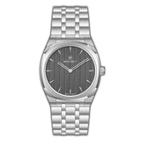 Silver-toned MONTEVA gents watch with a dark grey textured dial and a brushed metal bracelet.