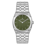Silver-toned MONTEVA gents watch with an angular case, integrated metal link bracelet, and a dark olive green vertically text
