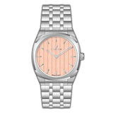Silver-toned MONTEVA gents watch with a round case, integrated metal bracelet, and a light peach vertically textured dial.