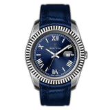 Monteva Gents Blue Dial Roman Numerals Fluted Bezel Blue Leather Strap Watch