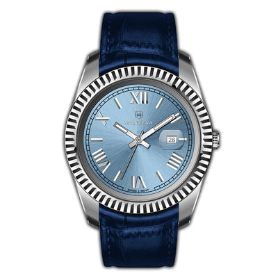 Monteva Gents Blue Dial Fluted Bezel Blue Leather Strap Watch -