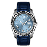 Monteva Gents Blue Dial Fluted Bezel Blue Leather Strap Watch -