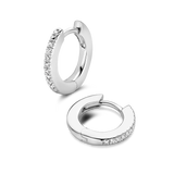 Pair of silver-toned huggie hoop earrings, each featuring a row of small, clear, round stones on one side.