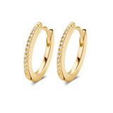 Pair of yellow gold plated oval huggie hoop earrings, each featuring a row of clear stones along the front edge.