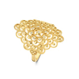 Yellow gold-plated ring with a large oval top featuring an intricate filigree design and small clear stones.