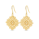 Pair of yellow gold-plated drop earrings, each featuring a diamond-shaped cluster of small spheres with a central clear stone