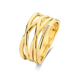 Yellow gold-plated linear ring with multiple intertwined bands and a row of five clear stones set into one band.