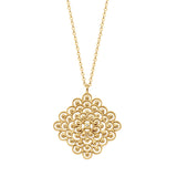 Yellow gold-plated necklace with a large, square, filigree pendant featuring a central clear stone.