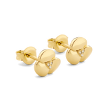 Pair of yellow gold-plated stud earrings, each featuring a three-lobed floral design with three small clear stones.